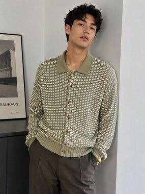 NWT Yellow Label Co. Men's Olive Green Patterned Polo-Style Cardigan Sweater XS